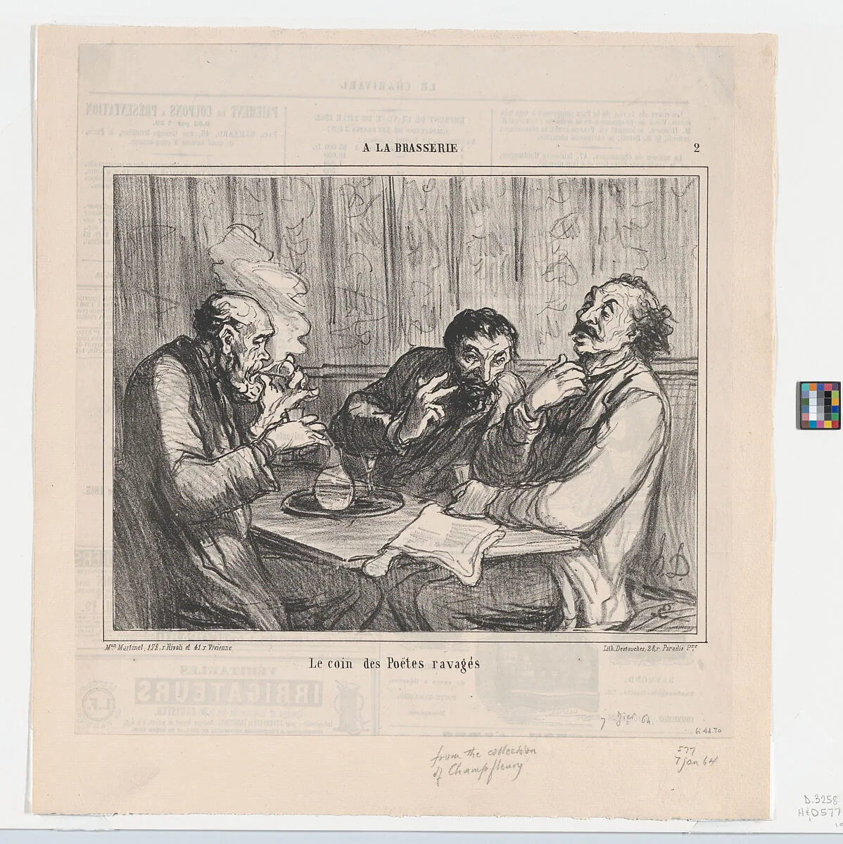 The ravaged poets' corner, from 'In the pub,' published in Le Charivari, January 7, 1864 — Aaron Martinet|Destouches|Honoré Daumier