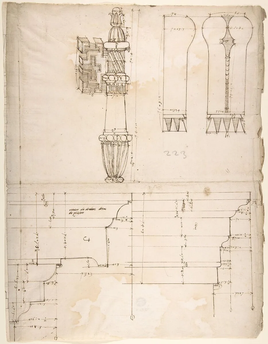 St. Peter's, cornice and architrave, profile; key, elevation; triglyph and guttae, elevation and section (recto) blank (verso) — Anonymous, French, 16th century
