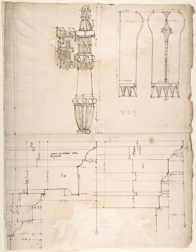 St. Peter's, cornice and architrave, profile; key, elevation; triglyph and guttae, elevation and section (recto) blank (verso)