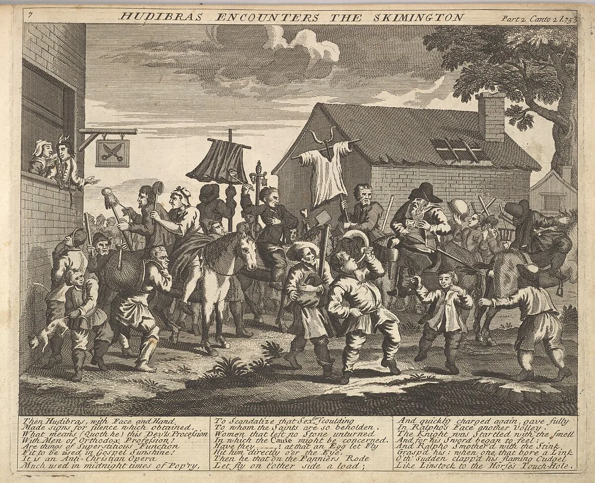 Hudibras Encounters the Skimmington (Plate 7: Illustrations to Samuel Butler's Hudibras) — William Hogarth|Henry Overton and J. Hoole|Samuel Butler