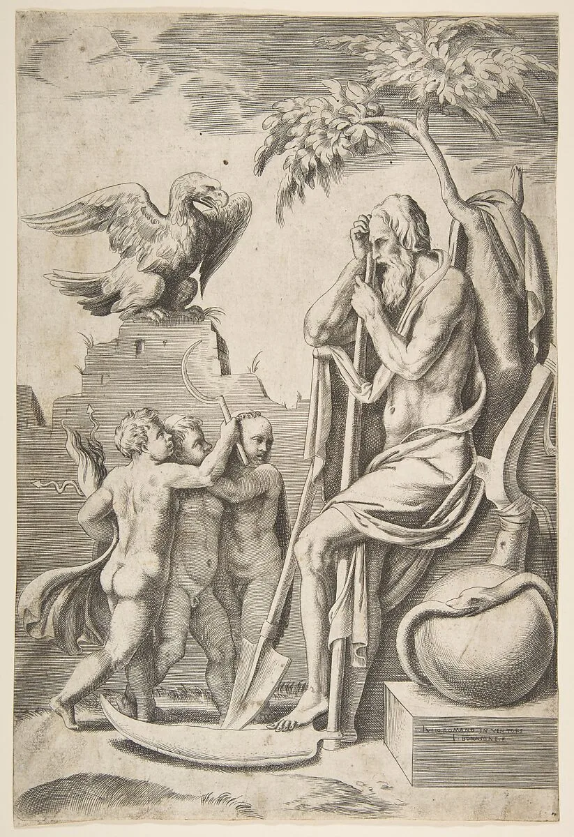 Father Time at the right leaning on a scythe, three naked boys and eagle at the left — Giulio Bonasone|Giulio Romano