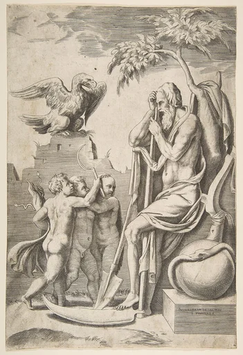 Father Time at the right leaning on a scythe, three naked boys and eagle at the left