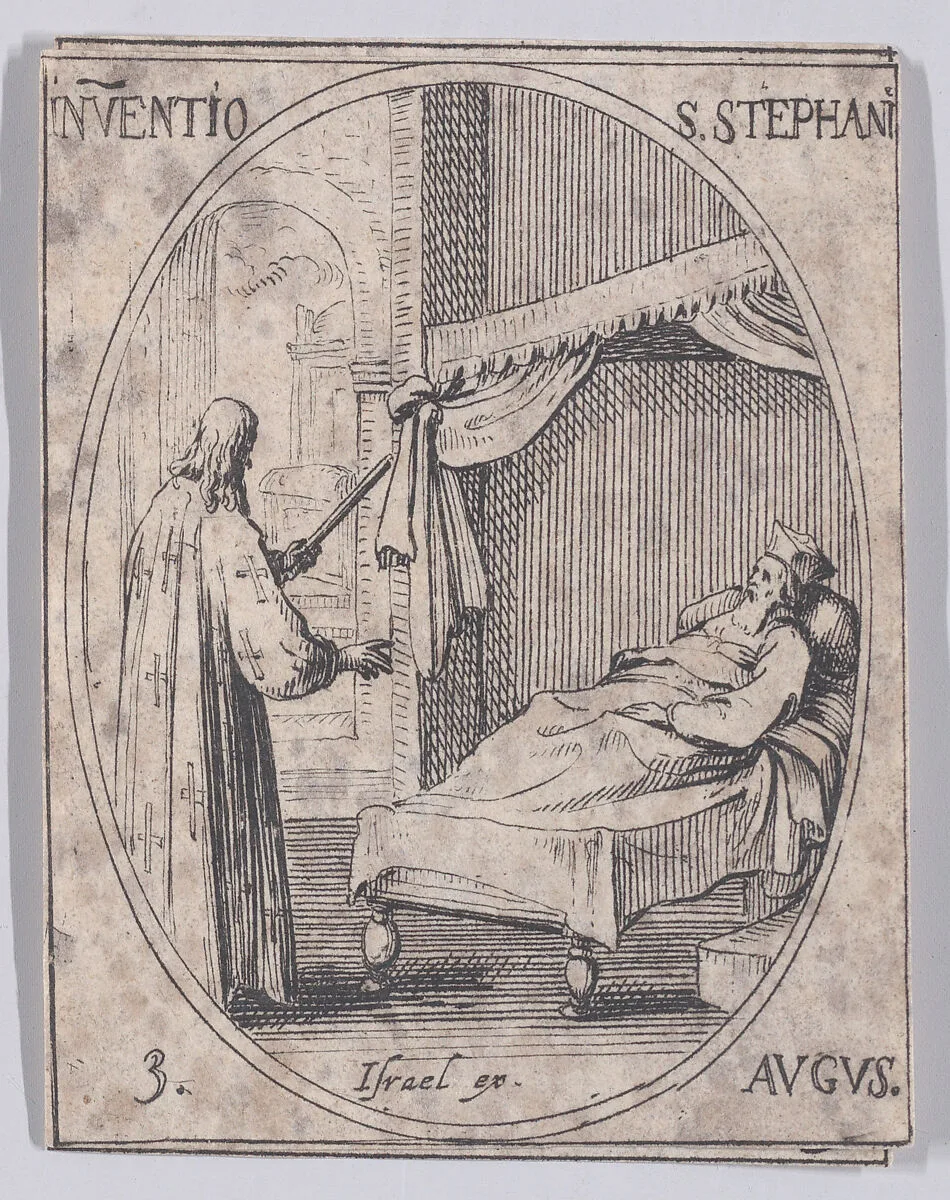 La Découverte du Corps de Saint Etienne (The Discovery of the Relics of St. Stephen), August 3rd, from "Les Images De Tous Les Saincts et Saintes de L'Année" (Images of All of the Saints and Religious Events of the Year) — Jacques Callot|Israël Henriet