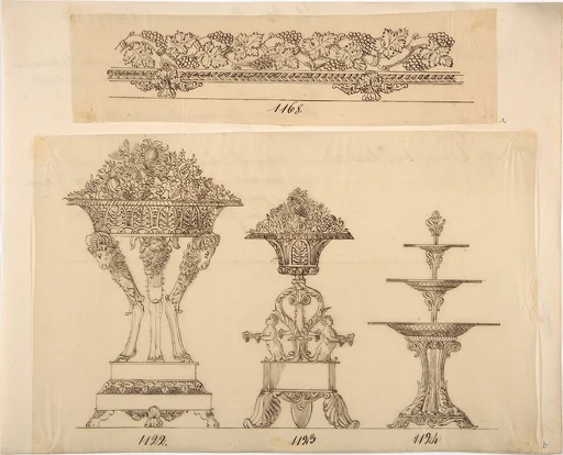 Designs for a Decorative Frieze, Two Planters and a Server