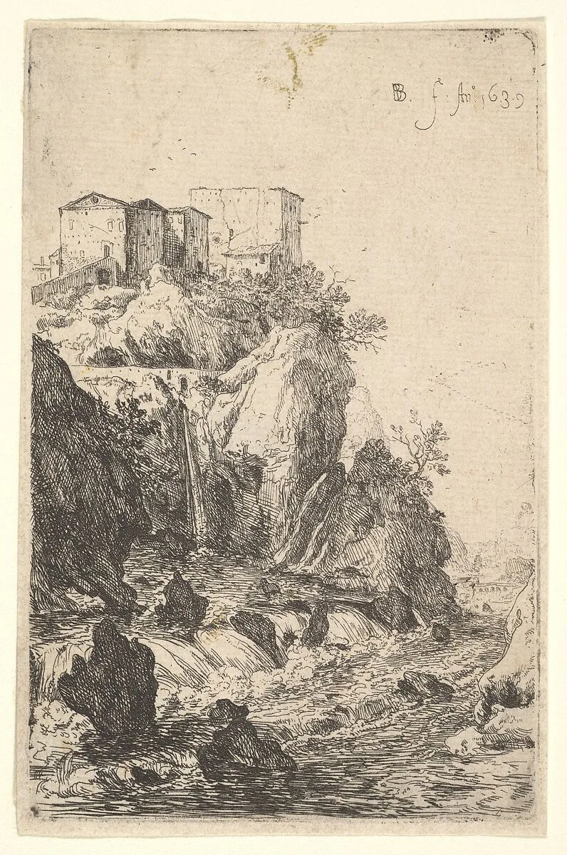 Cascades near Ponte della Trave, with buildings on a rocky outcrop above, from the series 'The Ruins of Rome' — Bartholomeus Breenbergh