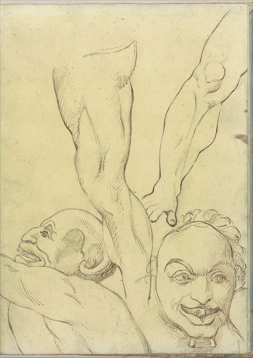 Two Demons and Two Legs, probably after Michelangelo (Smaller Italian Sketchbook, leaf 16 recto) — Joseph Wright (Wright of Derby)