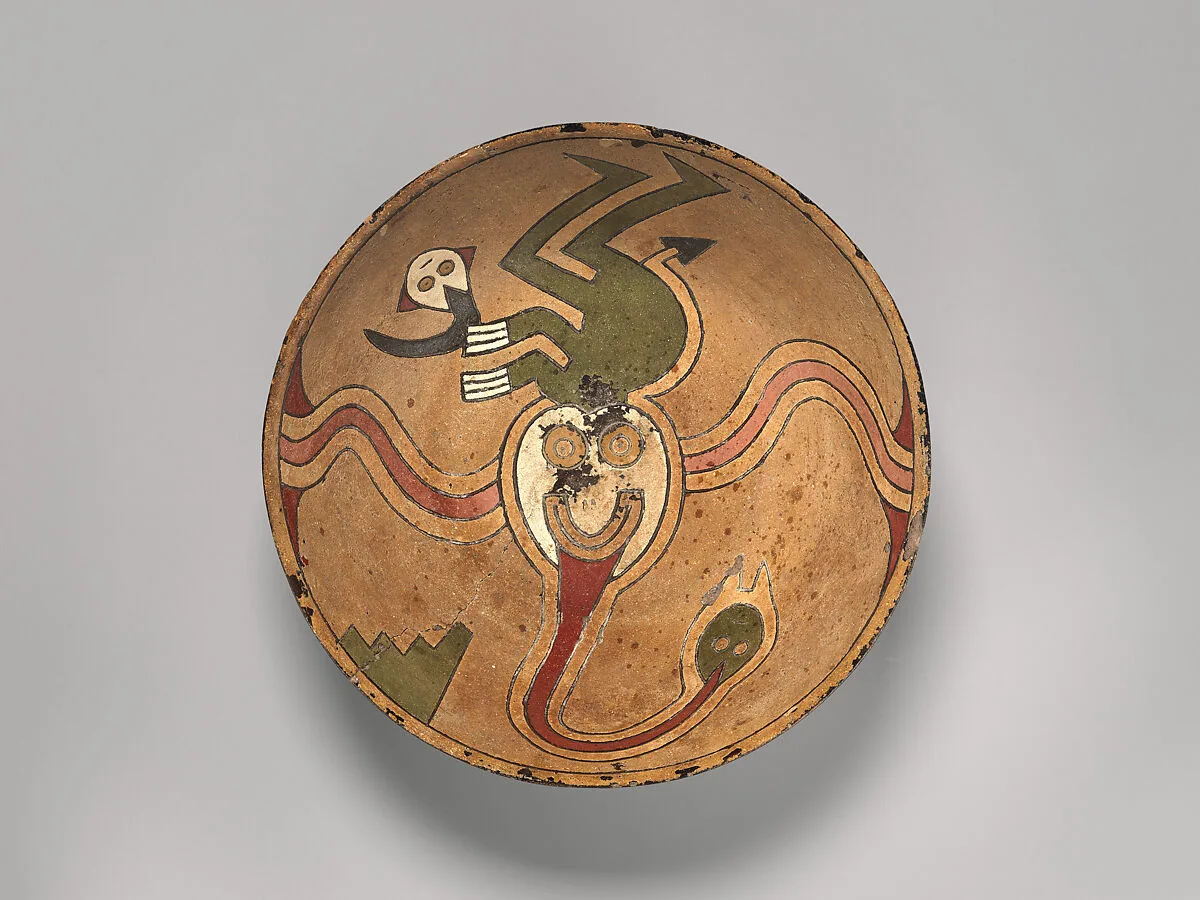 Rattle bowl with flying figure (Oculate Being) — Paracas artist(s)