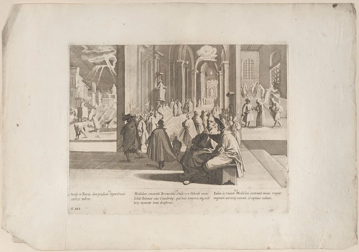 Episode 19: Saint Bernardino's cousin's soul appears to him at her death, while he is preaching; Episode 20: Saint Bernardino aids those held captive; Episode 21: Saint Bernardino reforms the wicked, from "The Life of Saint Bernardino of Siena" — Rutilio Manetti|Saint Bernardino of Siena|Bernardino Capitelli