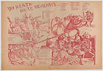 Broadside printed on both sides (one side red, the other black) addressing the battle between Mexican conservatives and liberals, President Lázaro Cárdenas at left and many other identifiable figures, on verso further figures and songs — Luis Arenal|Raúl Anguiano|Taller de Gráfica Popular
