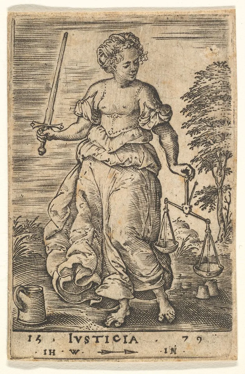 Justice, an allegorical figure holding a balance in her left hand and a sword in her right, from "The Seven Virtues and Knowledge" — Jan (Johannes) Wierix
