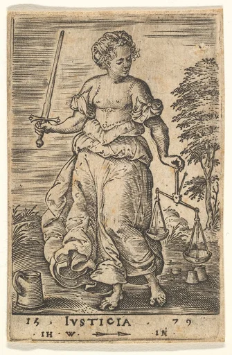 Justice, an allegorical figure holding a balance in her left hand and a sword in her right, from "The Seven Virtues and Knowledge"