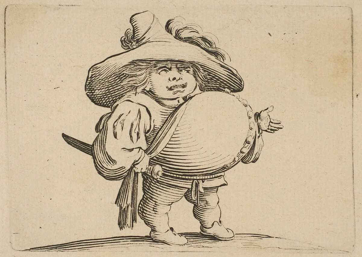 L'Homme au Gros Ventre Orné d'une Rangée de Boutons (Man with a Large Belly Decorated with a Row of Buttons), from Varie Figure Gobbi, suite appelée aussi Les Bossus, Les Pygmées, Les Nains Grotesques (Various Hunchbacked Figures, The Hunchbacks, The Pygmes, The Grotesque Dwarfs) — Jacques Callot