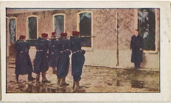 Card No. 121, Belgian Firing Squad Shooting German Spy, from the World War I Scenes series (T121) issued by Sweet Caporal Cigarettes — Underwood & Underwood|American Tobacco Company