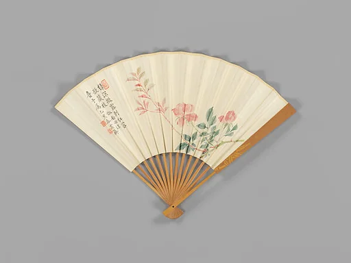 現代 金西厓刻扇骨、龐元濟繪薔薇、褚德彜節錄水經注 成扇|Carved fan, blossoming roses and excerpt from the Commentary on the Water Classic