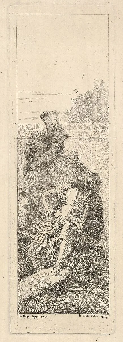 A bearded, seated man looks over his right shoulder toward a child and woman bearing a vessel, possibly a variation on a theme of Armida and Adraste from 'Jerusalem delivered' (Gerusalemme liberata) — Giovanni Domenico Tiepolo|Giovanni Battista Tiepolo