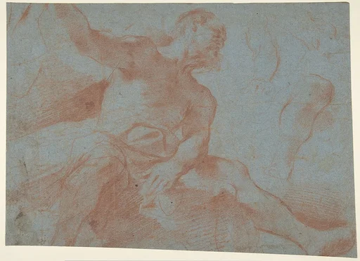 Seated Old Man with Right Arm Upraised (Tithonus) (recto); Seated Nude Youth (figure of Day) (verso)