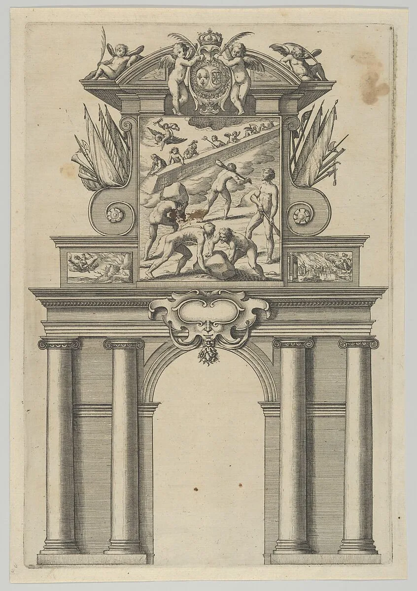 Triumphal arch, from 'Éloges et discours sur la triomphante réception du Roy en sa ville de Paris ...' by Jean-Baptiste de Machault — Melchior Tavernier|Abraham Bosse|Jean-Baptiste de Machault|Pierre Firens I