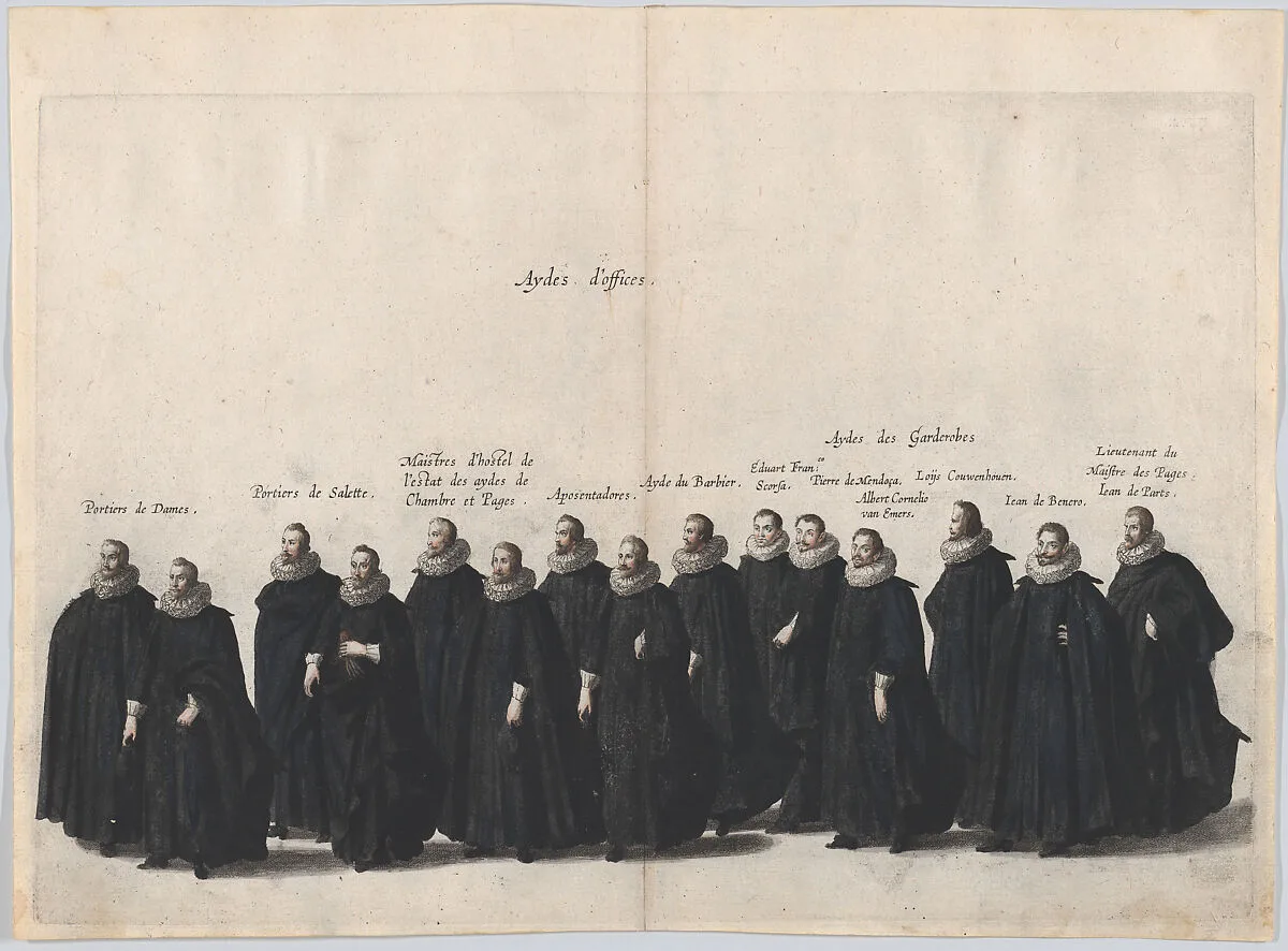Plate 19: Aides marching in the funeral procession of Archduke Albert of Austria; from 'Pompa Funebris ... Alberti Pii' — Jacques Francquart|Cornelis Galle I
