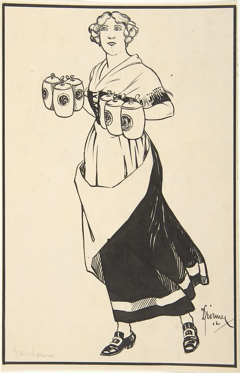 Woman Carrying Beer Steins — F. Droimer