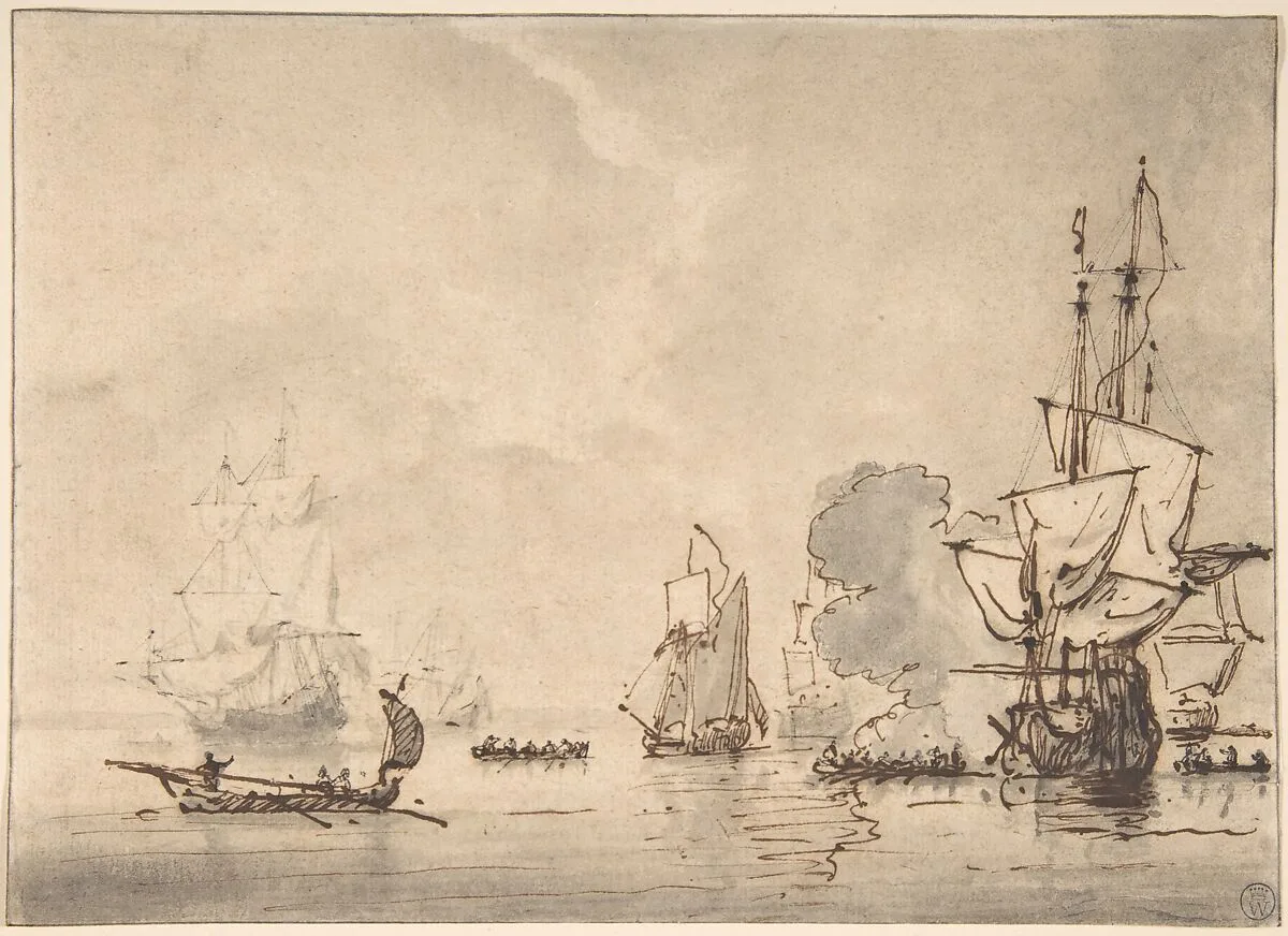 A Frigate at Anchor, Saluting a Nearby Yacht — Willem van de Velde I