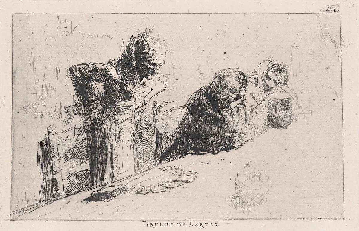 Cardplayers: three men, two seated one standing before a spread of cards on a table — Mariano Fortuny, 1838–1874
