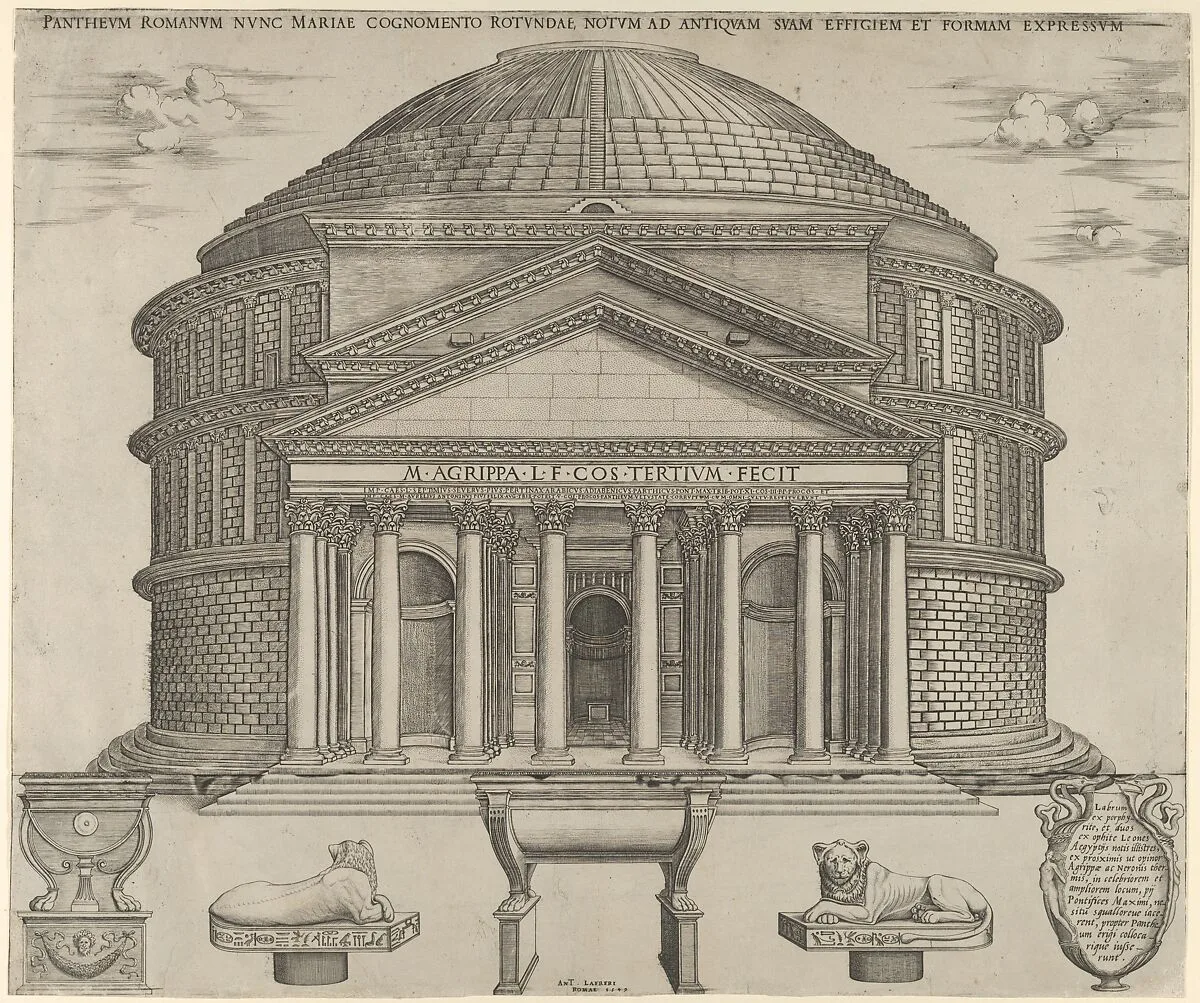 Elevation of the Pantheon in Rome, reconstructed to its original form — Antonio Lafreri|Anonymous