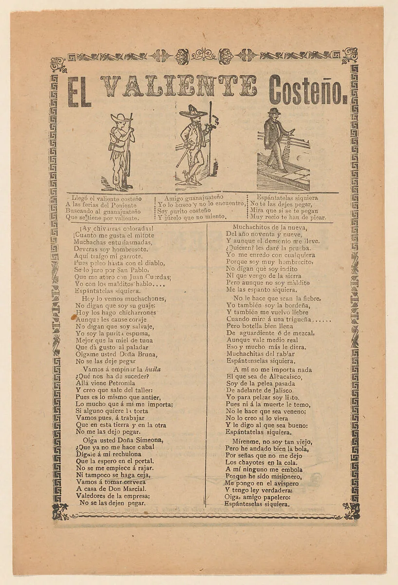 Broadside about a brave man from the west coast of Mexico, who is shown walking down a street wearing a sombrero — Antonio Vanegas Arroyo|José Guadalupe Posada