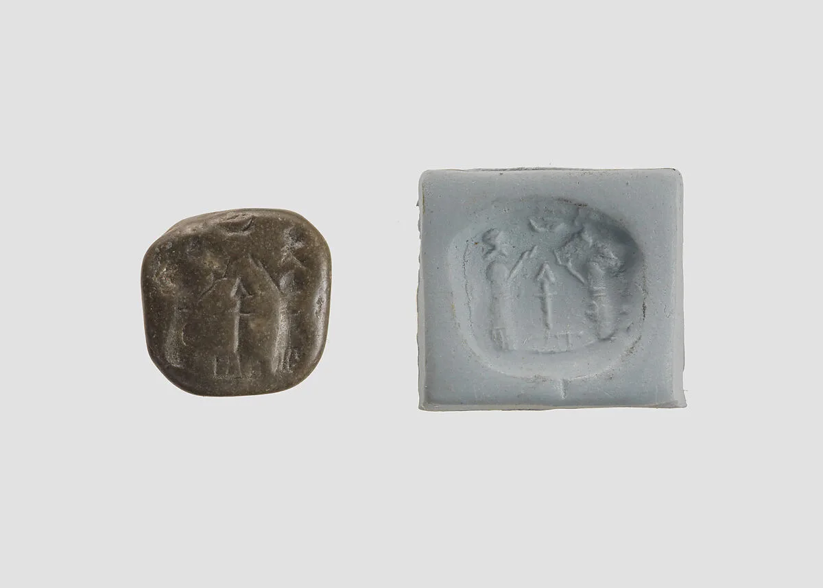 Stamp seal (octagonal pyramid, worn) with cultic scene — Unknown