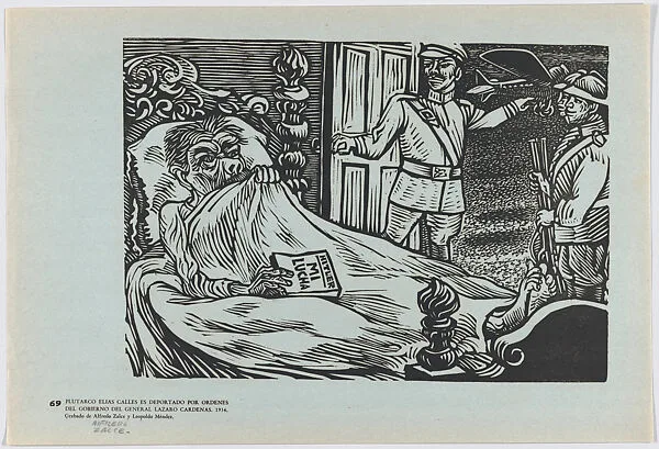 Plate 69: Plutarco Elías Calles in bed, about to be deported to America on the orders of General Lázaro Cárdenas who stands at right (1936), from the portfolio 'Estampas de la revolución Mexicana' (prints of the Mexican Revolution) — Alfredo Zalce|Taller de Gráfica Popular