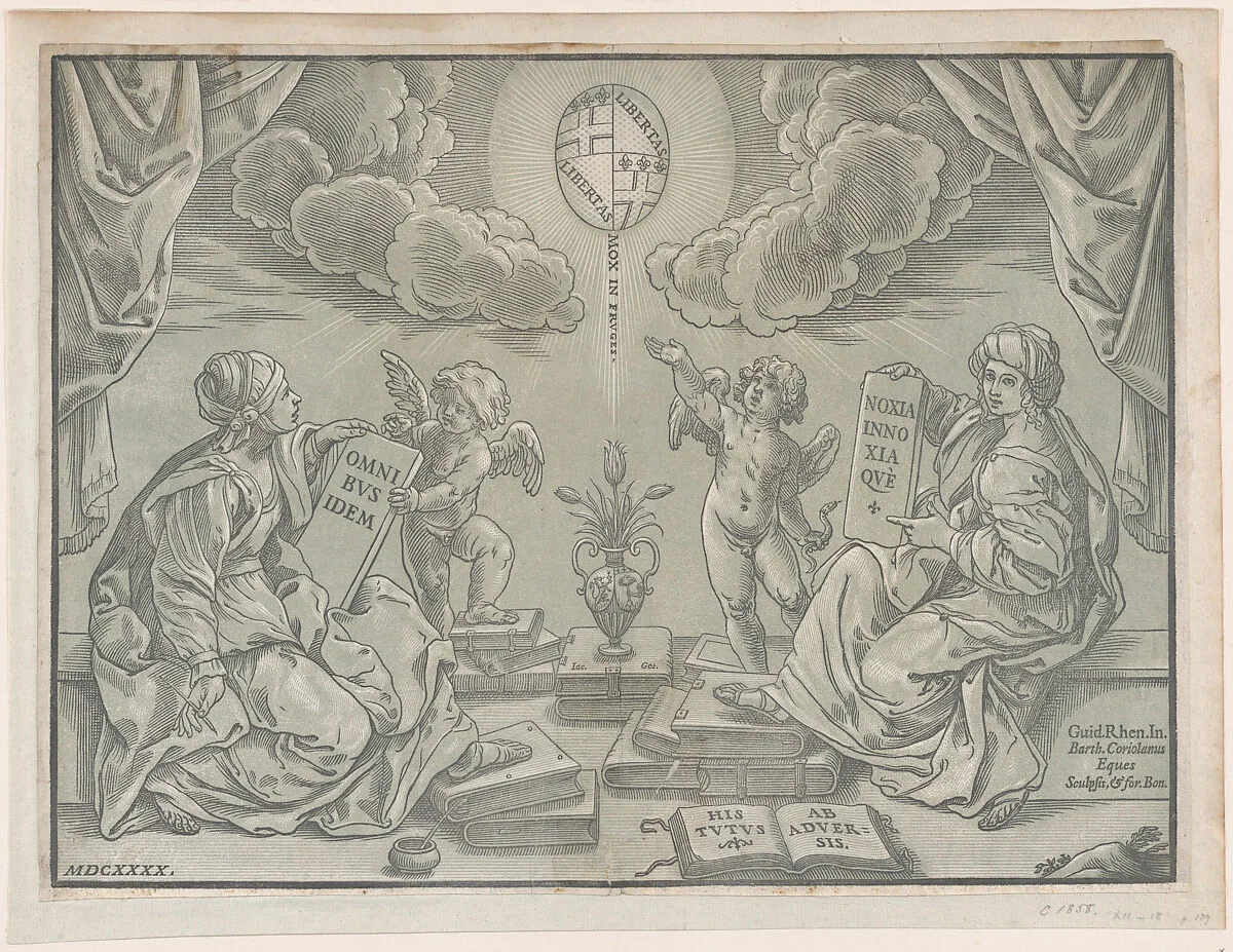 Allegory of a thesis, two women hold inscribed tablets — Bartolomeo Coriolano|Guido Reni
