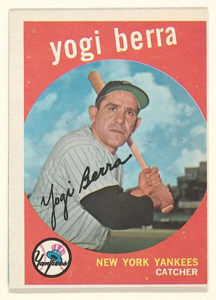 Yogi Berra, Catcher, New York Yankees, from the "1959 Topps Regular Issue" series (R414-14), issued by Topps Chewing Gum Company. — Topps Chewing Gum Company