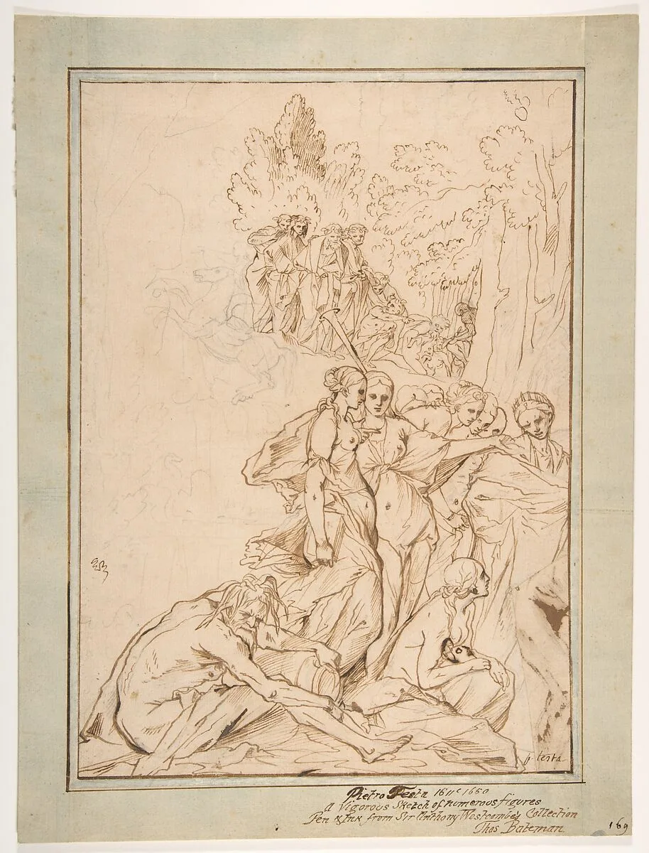 Allegorical Figures on Mount Parnassus: Study for the etching Triumph of Painting — Pietro Testa