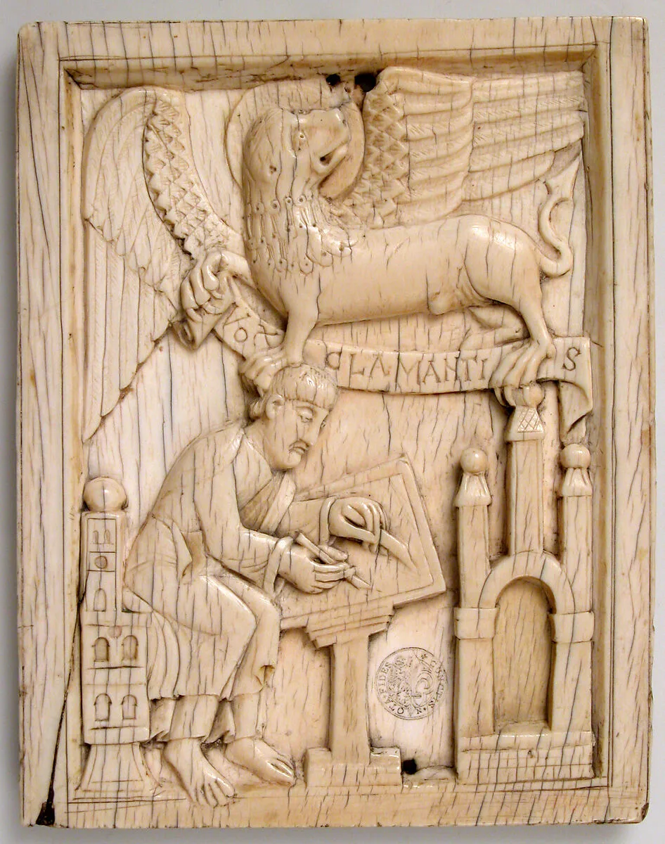 Evangelist Saint Mark writing the Gospel with his symbol, the Lion, holding a scroll — Unknown
