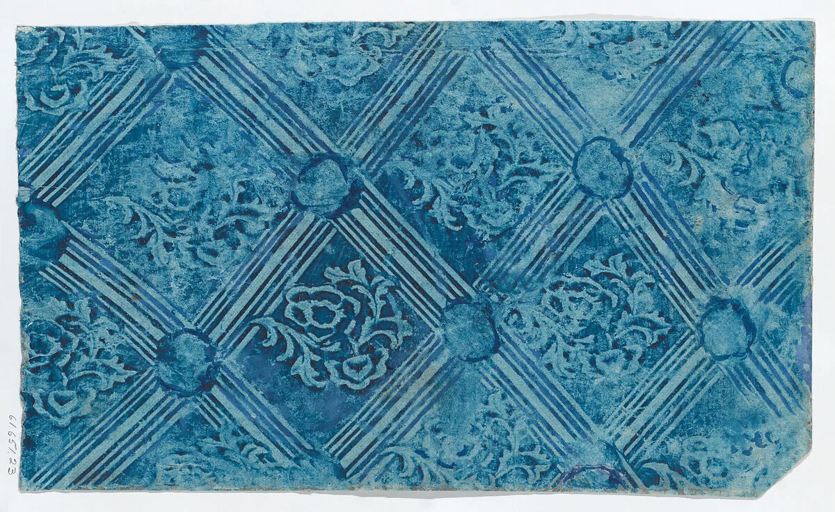Paste paper with blue stripe and floral pattern — Anonymous