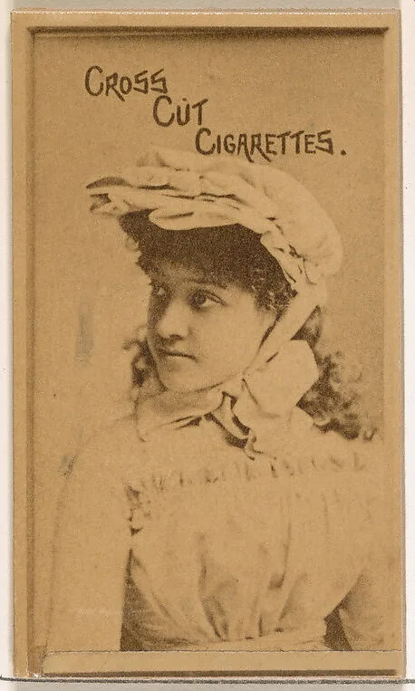 Actress wearing white cloth bonnet, from the Actors and Actresses series (N145-1) issued by Duke Sons & Co. to promote Cross Cut Cigarettes — W. Duke, Sons & Co.