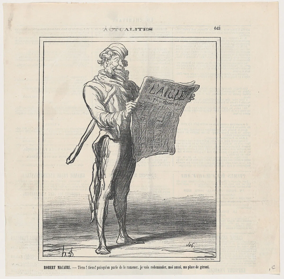 Robert Macaire: Well, well, it seems he's allowed to return! Maybe I should apply for my old position as manager., from 'News of the day,' published in Le Charivari, October 19, 1871 — Honoré Daumier
