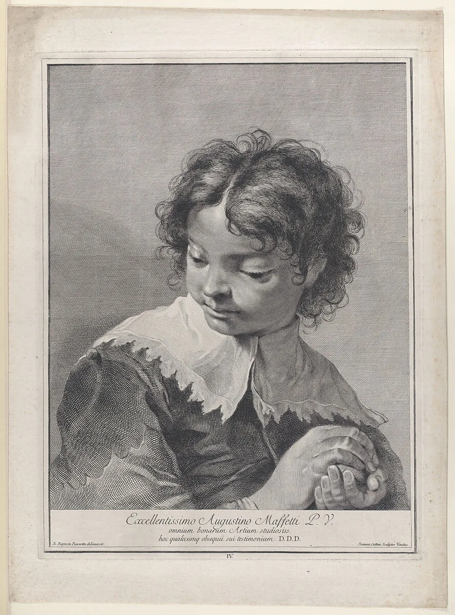 Plate 4: Boy with a lace collar holding a piece of fruit in his hands; from 'Icones ad vivum expressae' after Giovanni Battista Piazzetta — Giovanni Cattini|Giovanni Battista Piazzetta