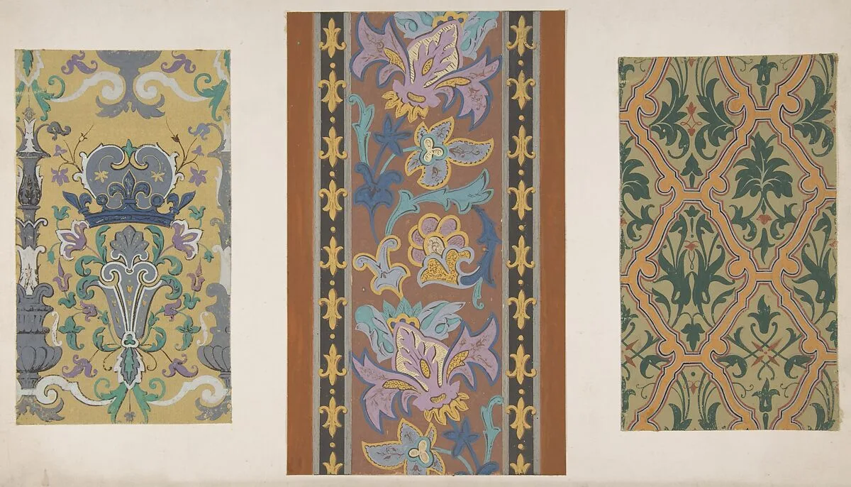 Three designs for wallpaper featuring strapwork, rinceaux, and fleurs-de-lis — Jules-Edmond-Charles Lachaise|Eugène-Pierre Gourdet