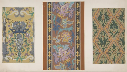 Three designs for wallpaper featuring strapwork, rinceaux, and fleurs-de-lis