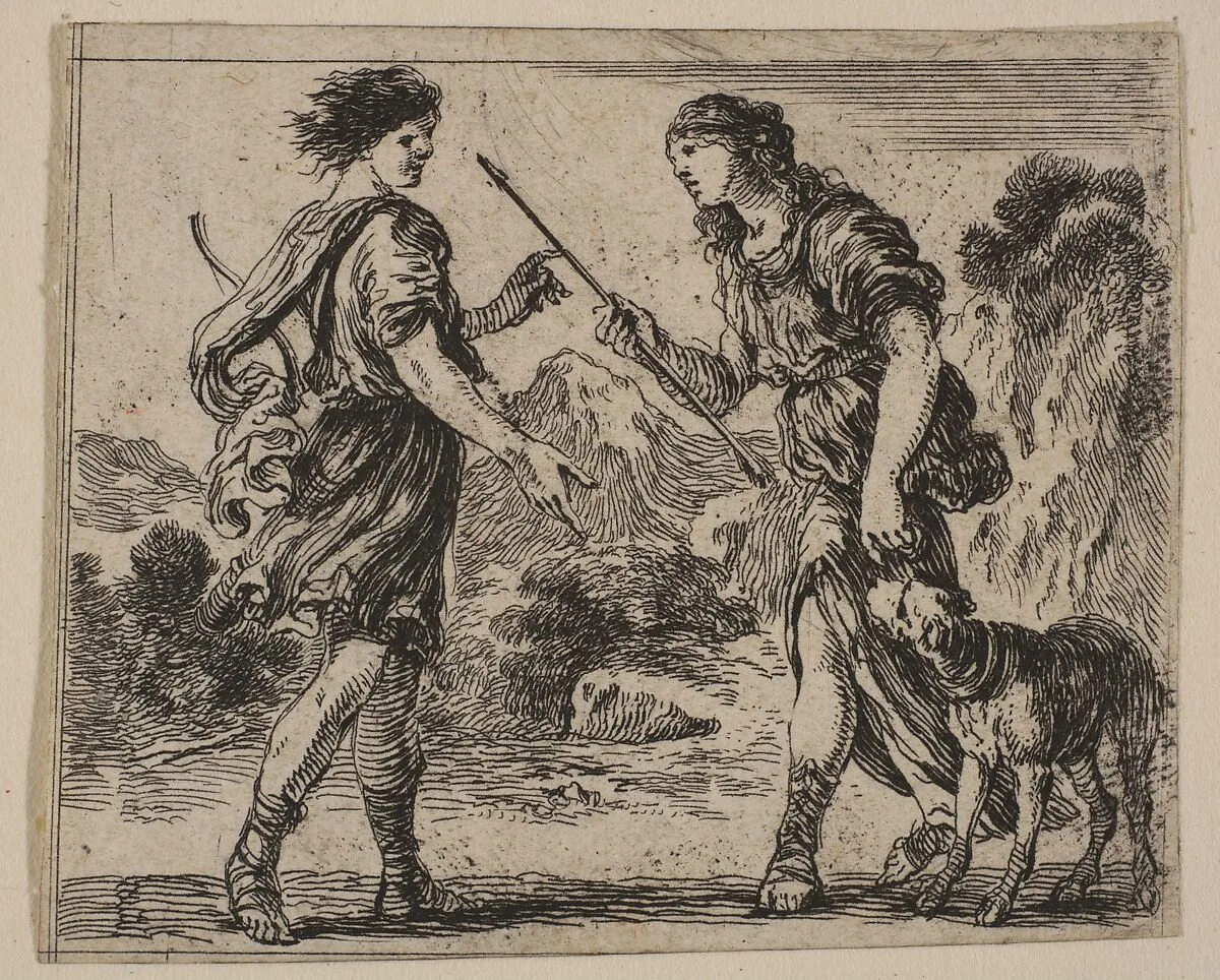Cephalus and Procris, from 'Game of Mythology' (Jeu de la Mythologie) — Stefano della Bella|Jean Desmarets de Saint-Sorlin|Henri Le Gras|Louis XIV, King of France|Cardinal Jules Mazarin