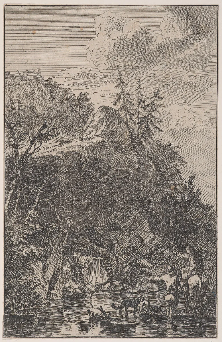 Plate 5: female figure on horseback and a male figure with a dog standing in a stream, pointing to a waterfall at left in the background, from 'Landscapes in the manner of Salvator Rosa' (Die Landschaften in Sal. Rosa's) — Franz Joachim Beich