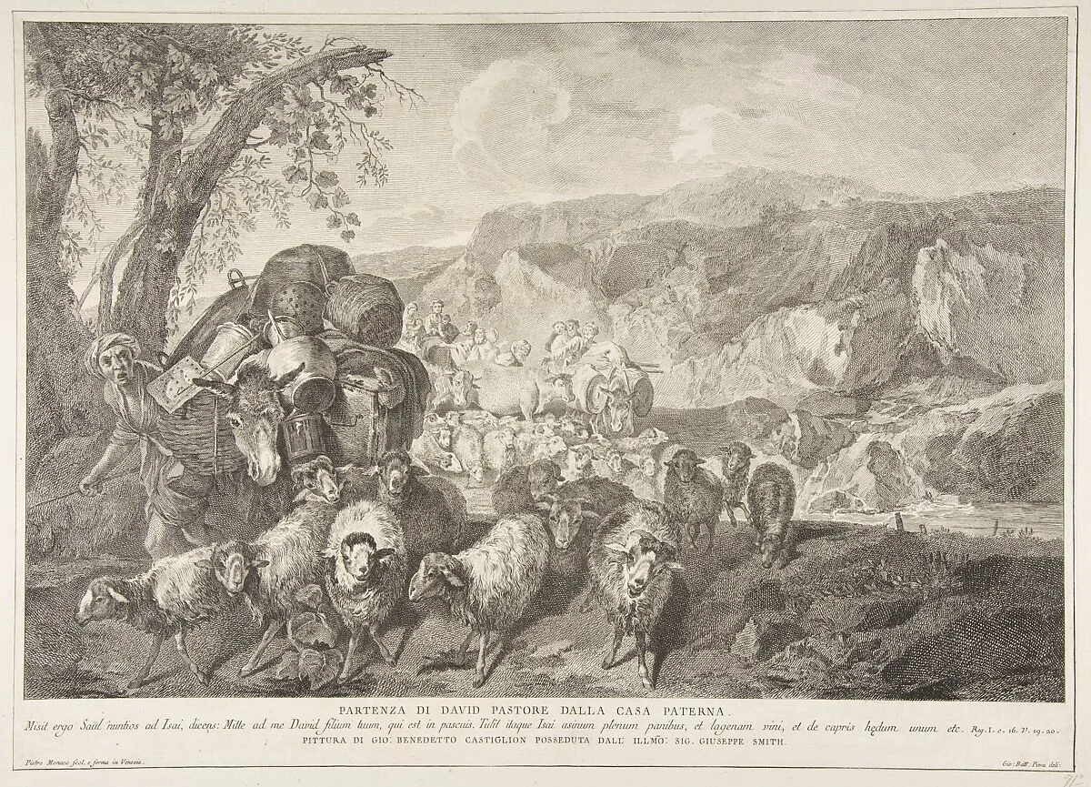 Departure of David the Shepherd from the House of His Father (Partenza di David pastore dalla casa paterna) — Giovanni Battista Piva (Biva)|Pietro Monaco|Giovanni Benedetto Castiglione (Il Grechetto)