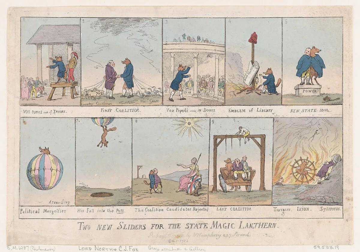 Two New Slides for the State Magic Lantern — Thomas Rowlandson|George III, King of Great Britain and Ireland|Frederick North, 2nd Earl of Guilford|Charles James Fox|The Right Honorable Edmund Burke|William Humphrey