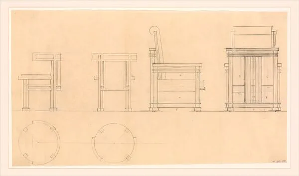 Design for Round Club Chair and Lounge Chair, side and rear views — Frank Lloyd Wright