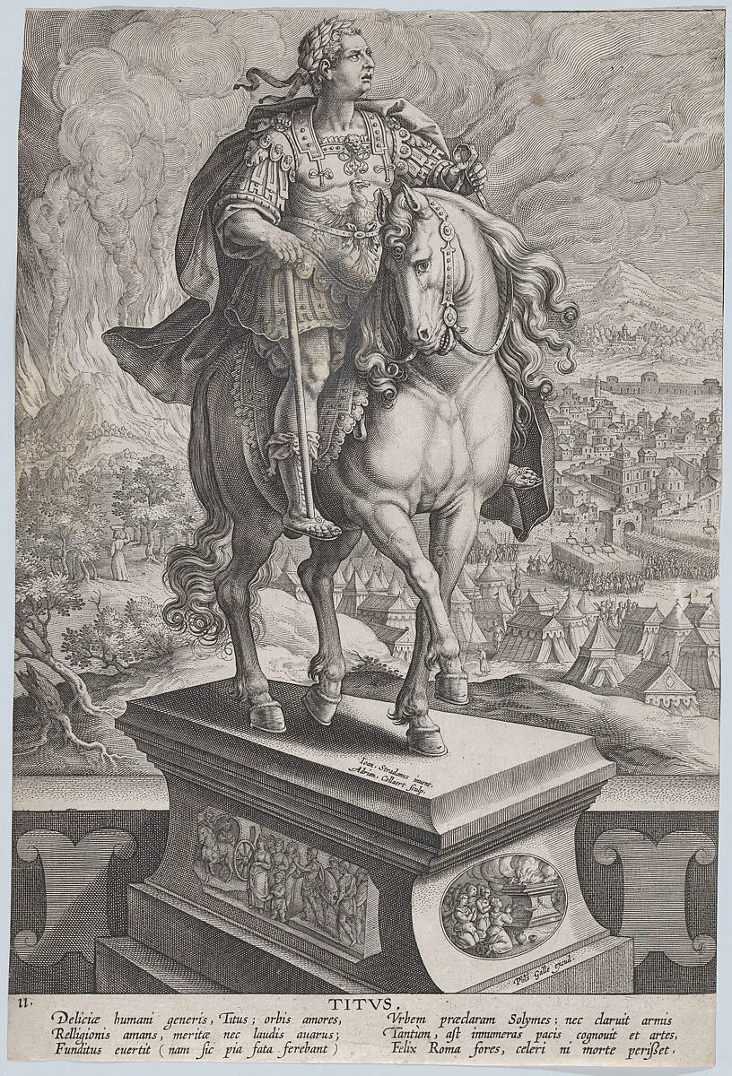 Plate 11: equestrian statue of Titus, seen three-quarters to the right, Mount Vesuvius erupting at left in the background, from 'Roman Emperors on Horseback' — Philips Galle|Adriaen Collaert|Jan van der Straet, called Stradanus