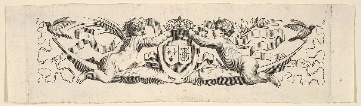 Headband: Two Infants with the Arms of France and Navarre — Claude Mellan