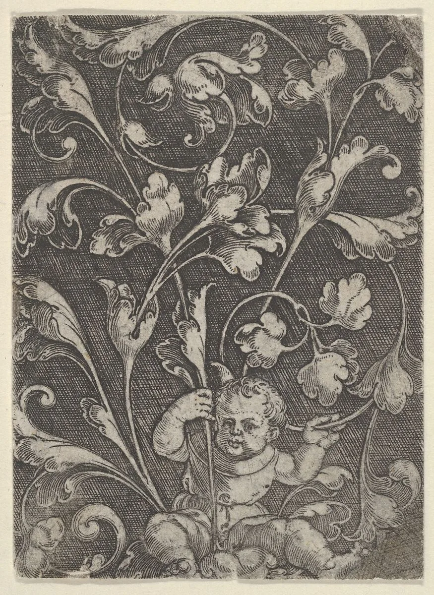 Vertical Panel with Tendrils Supported by a Seated Child — Heinrich Aldegrever