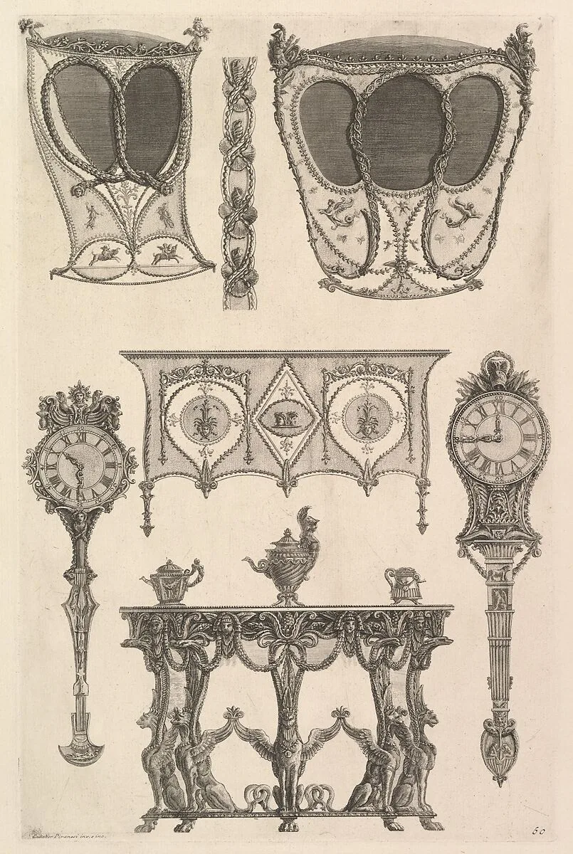 A sedan chair, a coach, a commode, a side table and two clocks (Deux ch. à porteurs v. de côté, une commode, une console, deux pedules, un meuble indét), from Diverse Maniere d'adornare i cammini ed ogni altra parte degli edifizi...(Different Ways of ornamenting chimneypieces and all other parts of houses) — Giovanni Battista Piranesi