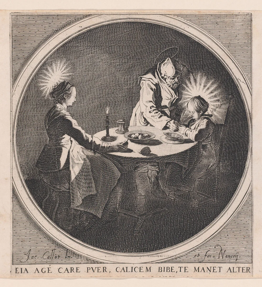 Le Benedicite, estampe appelée aussi La Sainte Famille a Table et St. Joseph Faisant Boire L'Enfant Jésus (The Grace, also called The Holy Family at the Table and St. Joseph Giving the Christ Child a Drink) — Jacques Callot