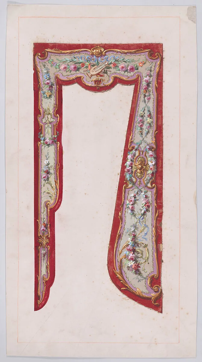 Design for a Valance with Thin Garlands and Bundles of Flowers and a Lyre Inside an Ornamental Frame with Scrolling Motifs Presenting Two Different Variations for the Design — Anonymous, French, 19th century